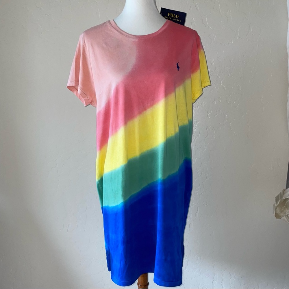 🎉HP🎉New! Polo Ralph Lauren Cotton Tie Dye Rainbow Ombre TShirt Dress Womens XL - Picture 9 of 14